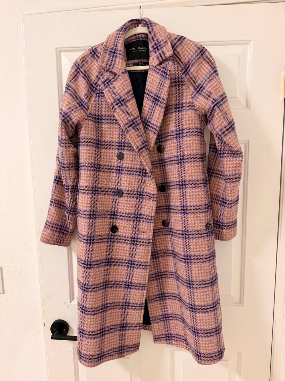 Scotch & Soda Pink Plaid Double-Breasted Trench Coat